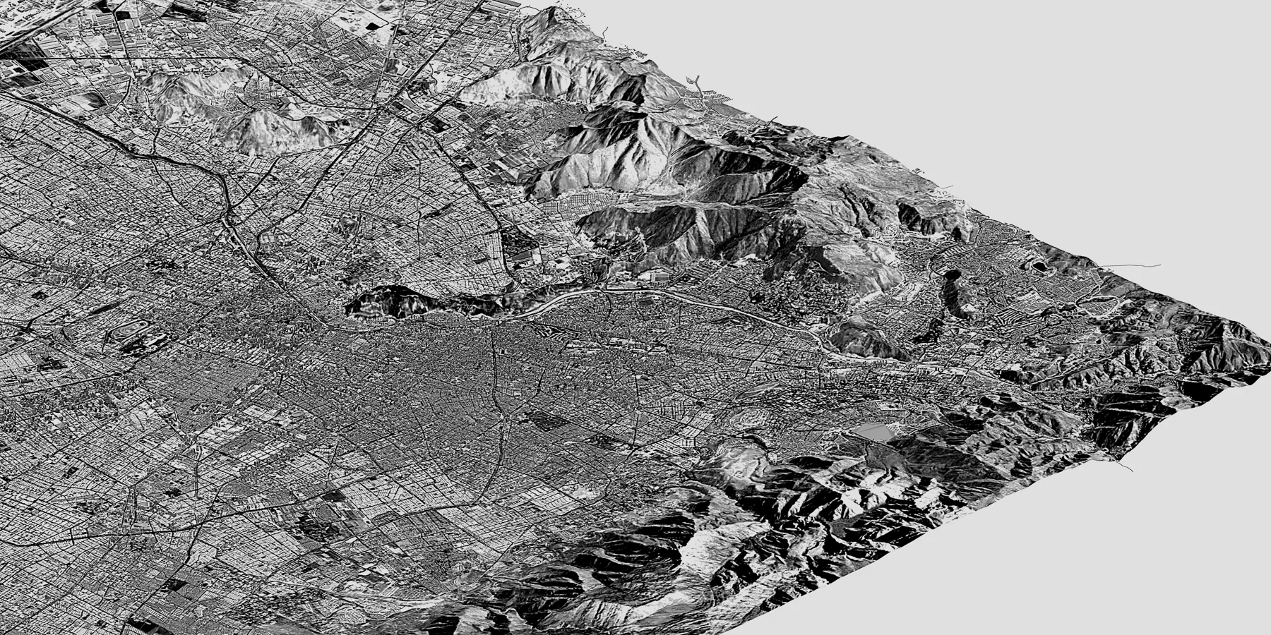 Render isométrico del Gran Santiago: la grilla de la ciudad chocando con la cordillera